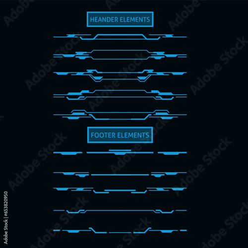 HUD futuristic header and footer interface vector elements of Sci Fi and tech game. Future technology head up display hologram screen frame border lines, blue neon text bars and dividers, ui design,