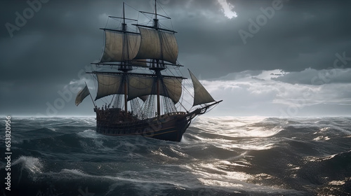 Ship in the stormy sea with huge waves. Giant stormy waves in the ocean and boat.