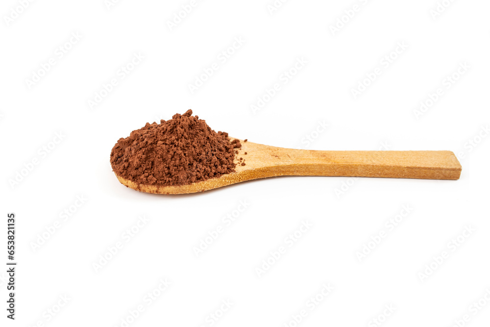 Cocoa powder pile on a wooden tea spoon, isolated on white background, Cocoa powder pile on a wooden tea spoon, isolated on white background,