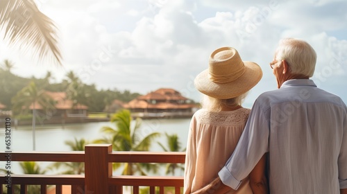 A senior couple enjoying their retirement, traveling to a luxurious resort. Basking in the sun, with the beautiful resort in the background, embodying the essence of relaxation and leisure.