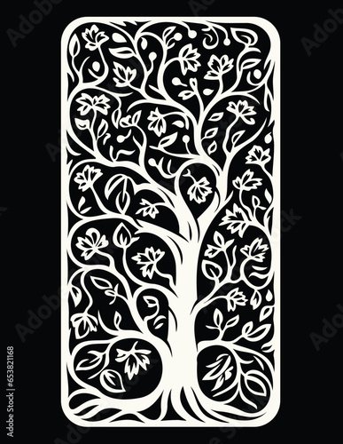 black and white woodblock ornate tree