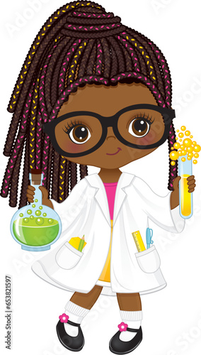 Vector Cute Little Black Girl Dressed as Scientist