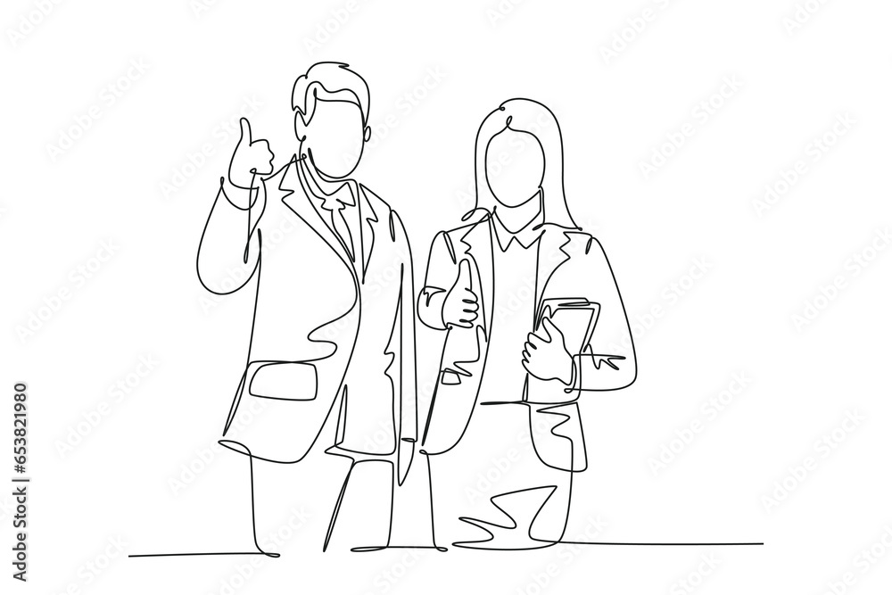 Continuous one line drawing young happy couple businessman and businesswoman giving thumbs up gesture. Business teamwork and collaboration concept. Single line draw design vector graphic illustration