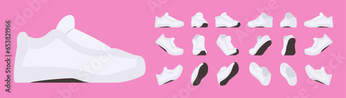 Sneakers, sport white shoes set, walking, racer running trainer, active game practice. Comfort athletic gym footwear, accessory. Fashion, wellness, fitness cartoon illustration, pink vivid background