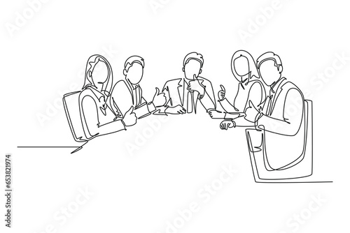 Continuous one line drawing group of young happy businessmen and businesswomen siting on same desk together giving thumbs up gesture. Business meeting. Single line design vector graphic illustration