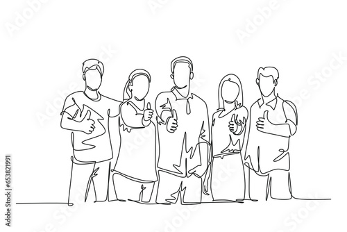 Continuous one line drawing of young happy businessmen and businesswoman stand up and giving thumbs up gesture together. Business teamwork building. Single line draw design vector graphic illustration