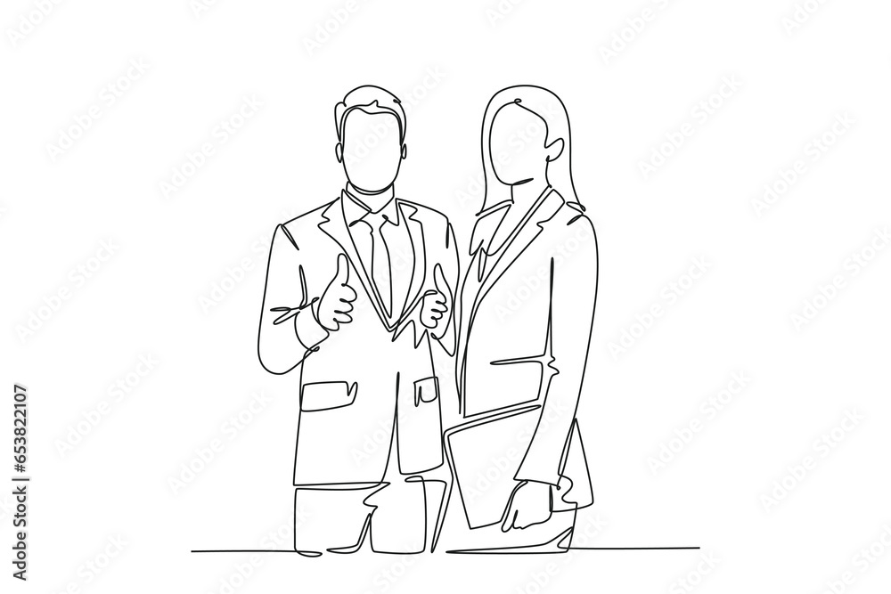 Single one line drawing group of young happy couple businessman and businesswoman standing up together with thumb up gesture. Business teamwork. Continuous line draw design graphic vector illustration Single one line drawing group of young happy couple businessman and businesswoman standing up together with thumb up gesture. Business teamwork. Continuous line draw design graphic vector illustration