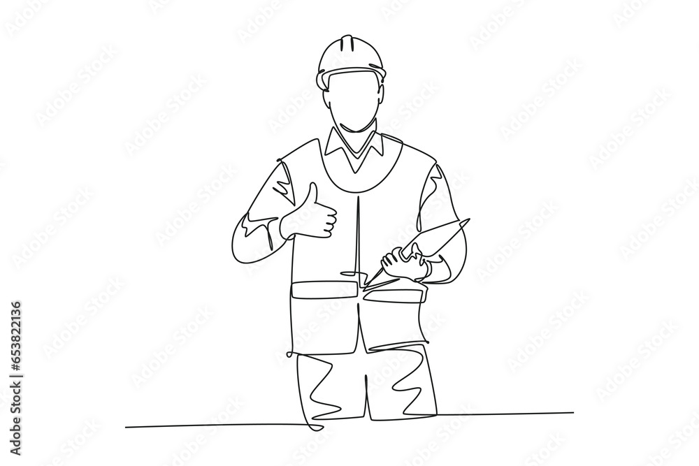 Continuous one line drawing young foreman handyman wearing helmet and carrying clipboard giving thumbs up gesture. Home maintenance service concept. Single line draw design vector graphic illustration