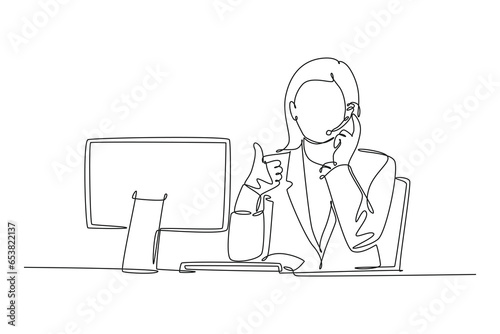 Single one line drawing young female call center worker sitting in front of computer, answering phone from customer. Customer service business. Continuous line draw design graphic vector illustration