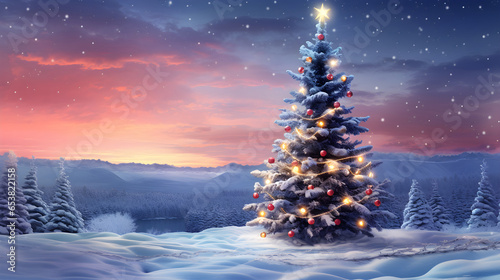 Christmas tree with balls and lights behind a red sky, snow falling atmosphere.