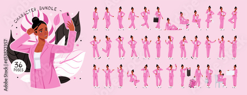 African american woman in vivid pink, pretty black girl character set, fashion bundle. Wide pants, loose fit business casual wear. Social media, style, beauty, pop culture blogger kit. Vector cartoon