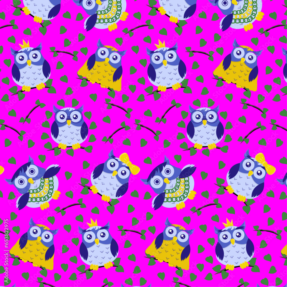 Cute multicolored blue-yellow-green owls on violet background. One pattern from the collection for kids. Vector illustration Cute multicolored blue-yellow-green owls on violet background. One pattern from the collection for kids. Vector illustration