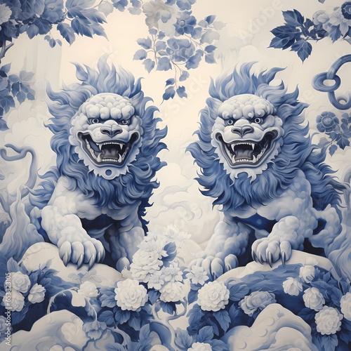  chinoiserie wallpaper art with a couple of chinese guardian lions, blue ceremic pattern in watercolor photo