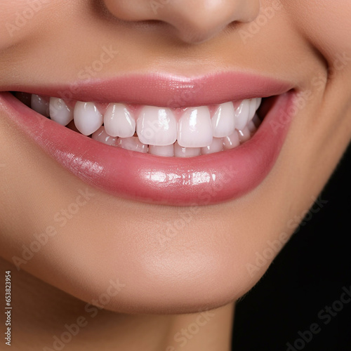 Smiling mouth of a young woman with beautiful teeth and shiny lips. Dentist and dental health concept.