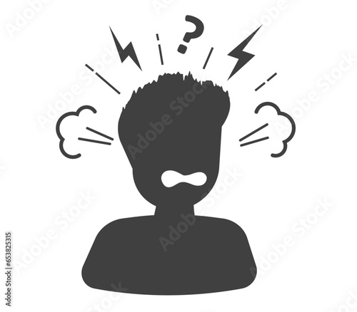 Angry hate mad rage unhappy character man silhouette vector graphic illustration, bad negative person face emotion flat cartoon black, anger evil violent furious behavior image comic kid simple