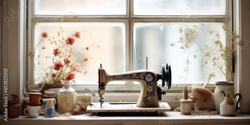 AI Generated. AI Generative. Vintage retro sewing machine on window with flowers. Decorative home cozy background. Hand craft tailor industry