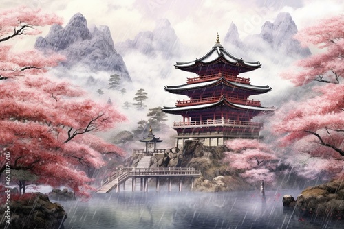 An image depicting an oriental temple surrounded by cherry blossoms, pink trees, forests, rain, and clouds. Generative AI