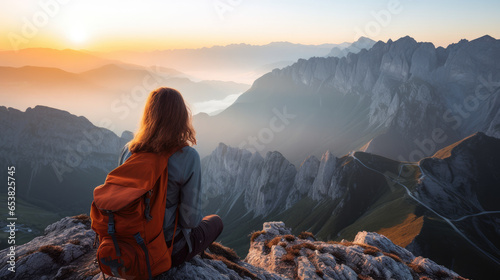 Hipster young girl with backpack enjoying sunset on peak of foggy mountain. Tourist traveler on background view mockup. Hiker looking sunlight in trip in Spain country, mock up text. photo