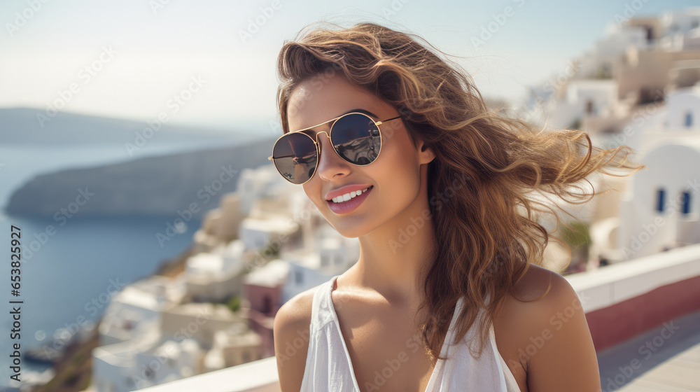 Europe Greece Santorini travel vacation. Woman looking at view on famous travel destination. Elegant young lady living fancy jetset lifestyle wearing dress on holidays. Amazing view of sea and Caldera