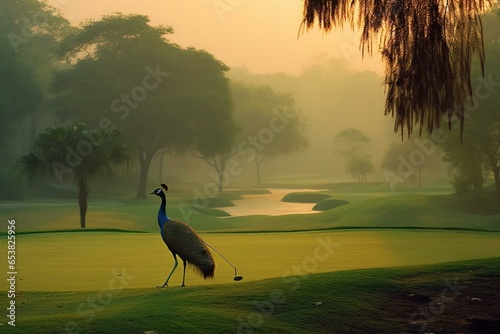 A peafowl golfer playing on a golf course during dawn. Generative AI
