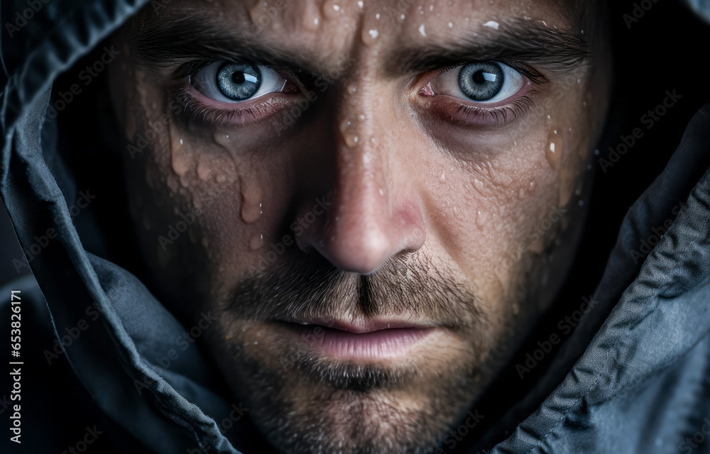 Portrait of a man with an expressive face in a hooded jacket. Concept of determination and concentration