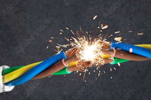 flame and sparks on electrical cable, hazard concept photo