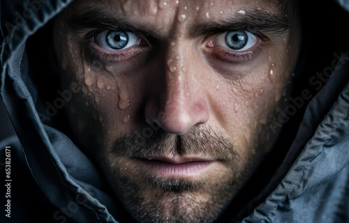 Portrait of a man with an expressive face in a hooded jacket. Concept of determination and concentration