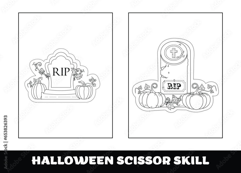 Halloween scissor skill for kids. Halloween scissor skill education coloring page for preschool kids.