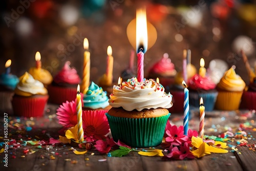 birthday cupcake with candles 4k HD quality photo.