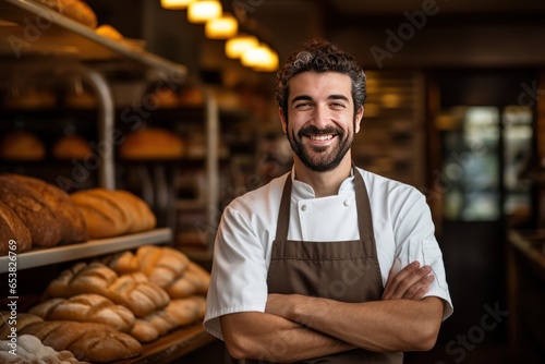 Baker man Smiling happy face portrait at a bakery