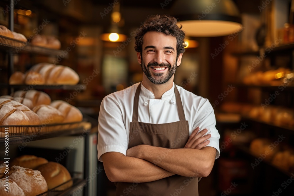 Fototapeta premium Baker man Smiling happy face portrait at a bakery