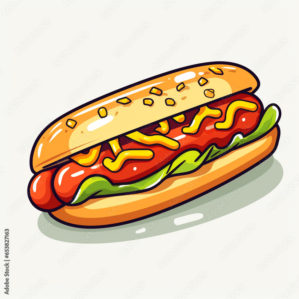Cartoon-style illustration of hot dog isolated on plain background. Cheese is placed between slices of bread. Cartoon-style illustration of hot dog isolated on plain background. Cheese is placed between slices of bread.