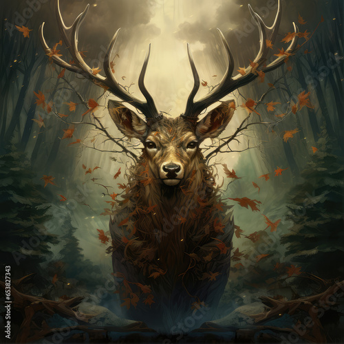 Noble deer male in forest. Artistic . Generative AI technology