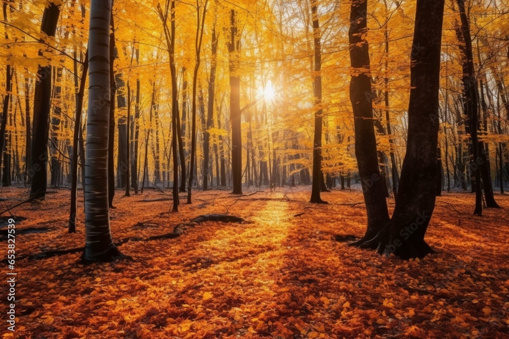 Autumn forest, orange and yellow trees, golden landscape, sun rays through branches, yellow leaves on ground. Generative AI