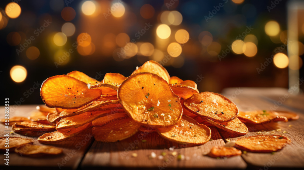 Baked sweet potato chips,  a healthier alternative to regular potato chips - obrazy, fototapety, plakaty 