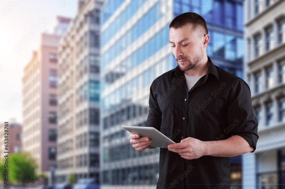 Smiling business worker wearing suit hold digital tablet, AI generated image Smiling business worker wearing suit hold digital tablet, AI generated image