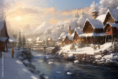 A snow-covered village by a river. Generative AI
