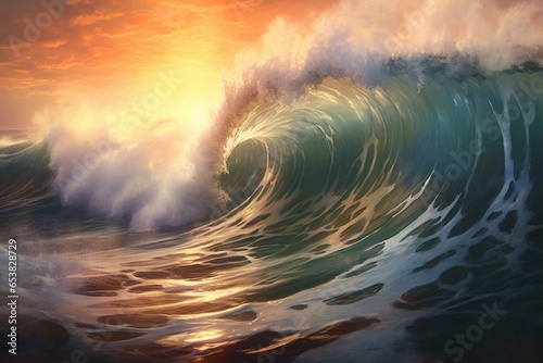 an immense wave, rising from the sea, radiating strength and breathtaking magnificence. Generative AI