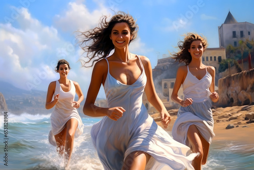 Girls running on the beach. Female fashion. ladiesware. white frocks fashion. Teen spirit. Fun and happiness. Friends, friendship.
