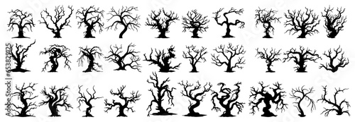 set of silhouettes of twisted spooky tree. halloween elements. isolated on transparent background. eps 10