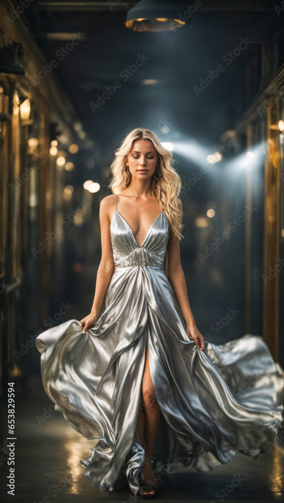 Frau in einem Kleid aus flüssigem Metall, gen ai Frau in einem Kleid aus flüssigem Metall, gen ai