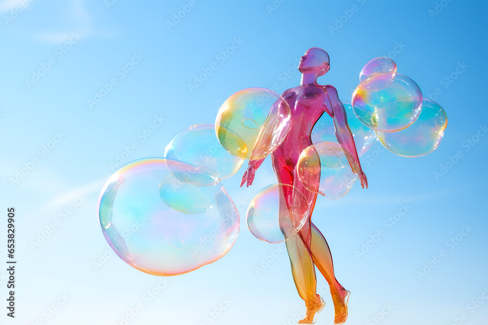 Image of abstract airy female figure floating with soap bubbles on blurred blue background symbolizing freedom and relaxing tone with copy space Image of abstract airy female figure floating with soap bubbles on blurred blue background symbolizing freedom and relaxing tone with copy space