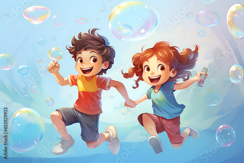 Joyful children running with soap bubbles on a blurred blue background, symbolizing happiness, carefree childhood and refreshing mood