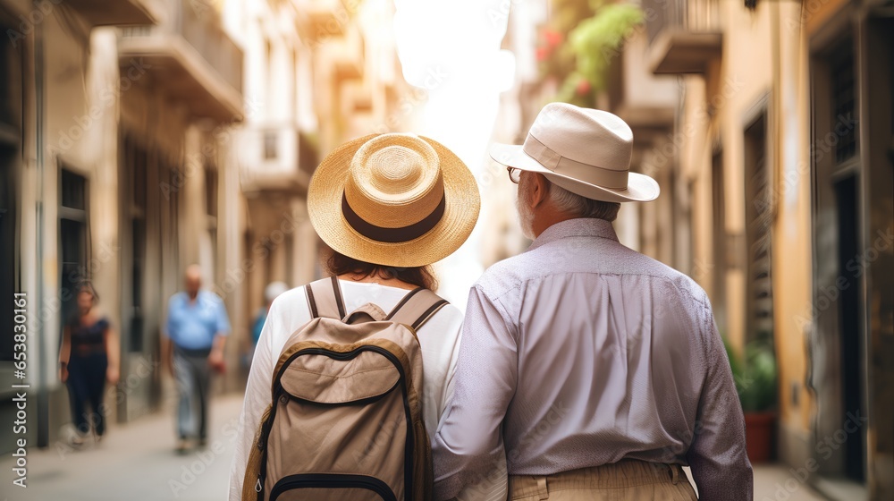 A senior couple is seen enjoying their city tour, exploring the urban landscape. They are dressed in comfortable travel attire embodying the spirit of adventure and lifelong learning. - obrazy, fototapety, plakaty 
