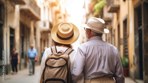 A senior couple is seen enjoying their city tour, exploring the urban landscape. They are dressed in comfortable travel attire embodying the spirit of adventure and lifelong learning. © TensorSpark