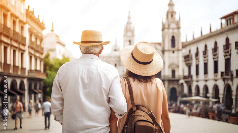 A senior couple is seen enjoying their city tour, exploring the urban landscape. They are dressed in comfortable travel attire embodying the spirit of adventure and lifelong learning.