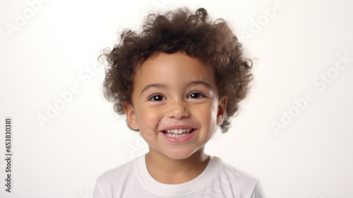 Captivating Smiles: A Latin Preschooler in a White T-Shirt Engaging the Viewer with a Bright Smile Against a White Background.. © Ai Studio