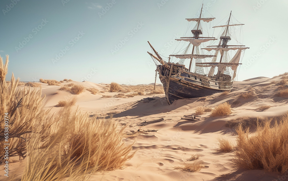 Shipwrecked in the middle of the desert - obrazy, fototapety, plakaty 
