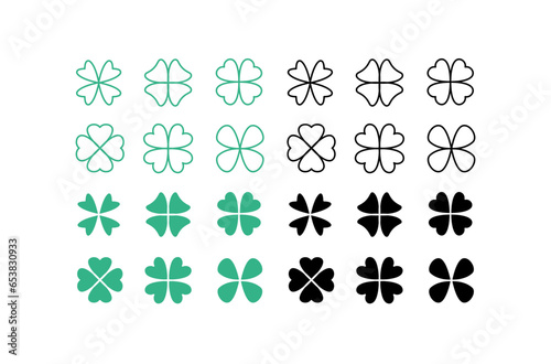 Clover set. Four leaf clover as symbol of luck. Hearth shaped leaf. Irish shamrocks or ireland tradition. Green clover leaf icon template design. Vector illustration. Design