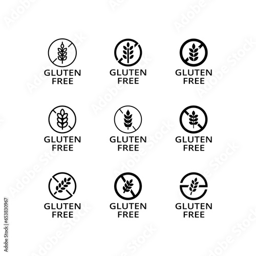 No gluten on food labels for packaging or ingredients. Food dietary label for product. No wheat symbol of allergen. Isolated gluten free icon set. Vector illustrationnDesign